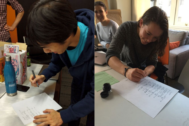 Angaza Engineers, Davis Shih and Alison Polton-Simon, sign the Engineering Constitution in San Francisco, California