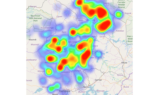 Simulated heatmap of smart device density in Uganda with IoT by Angaza