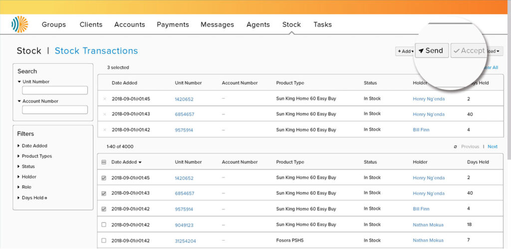 Easily view and transfer stocks between agents.